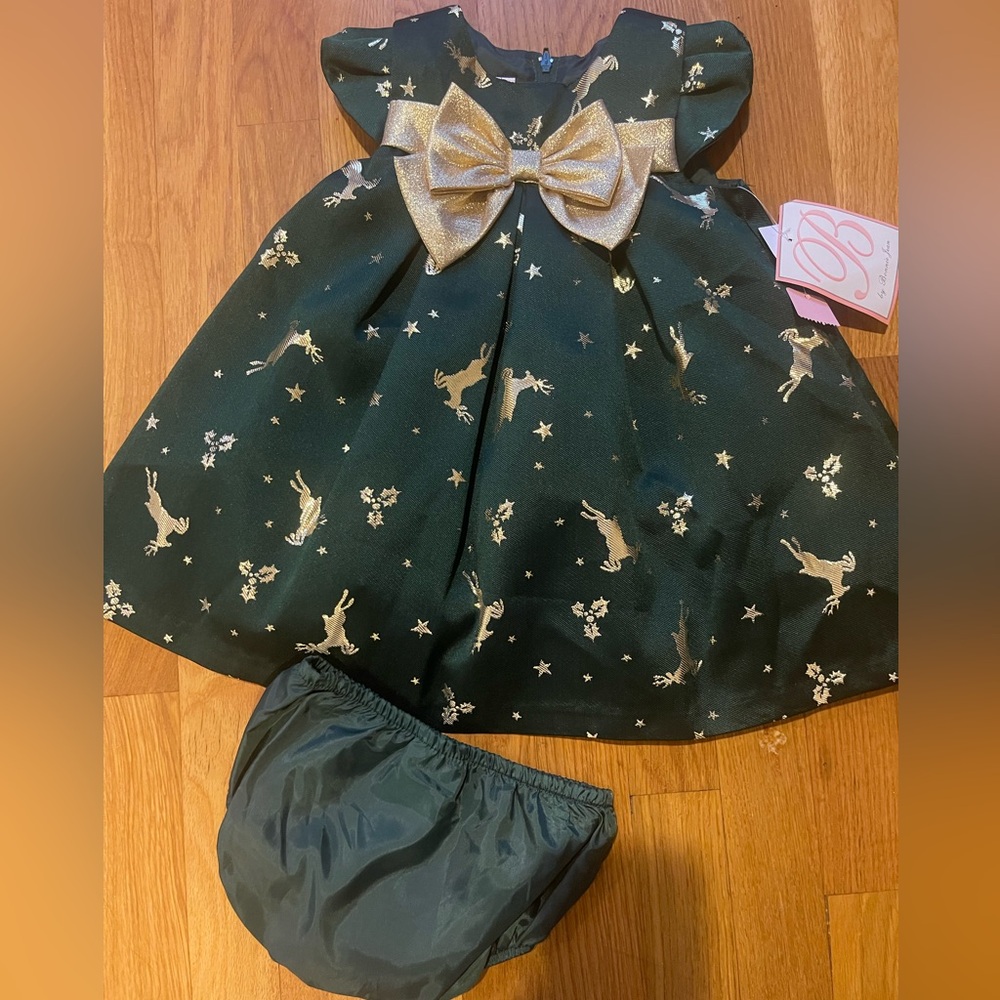 Bonnie Jean Baby Reindeer Gold & Green Bow Dress- NWT 18 months